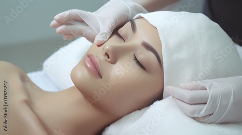 A Beauty expert massaging young woman s face Close up of beautiful Asian woman s head in white hat and doctor s hands in gloves lying on treatment bed.