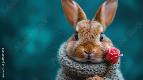 Anthropomorphic portrait of a rabbit with a rose in p