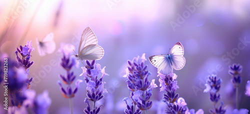 butterflies flying over lavender plants on a cloudy day