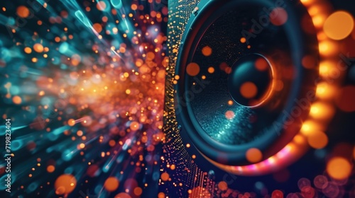 A closeup of a single speaker seemingly ordinary and unuming until it suddenly bursts into a dazzling display of multicolored lights adding an extra layer of magic to the photo