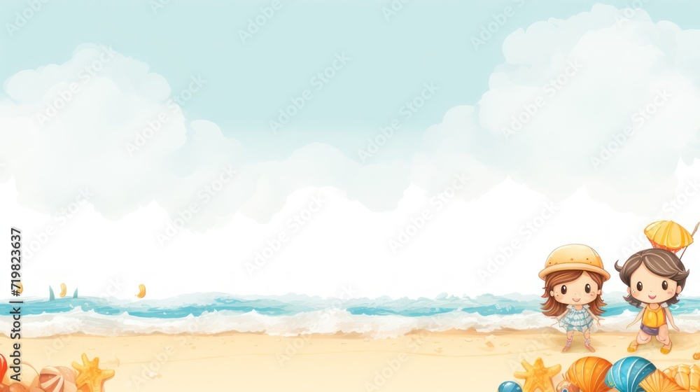 Copy space template illustration design for a beach scene, with the theme of children playing on beach sand in summer.