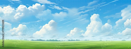 Beautiful landscape with blue sky illustration, Anime style Blue sky with clouds landscape background, Heavens with bright weather, summer season outdoor photo