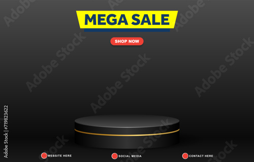 mega sale template banner with blank space 3d podium for product sale with abstract gradient black background design