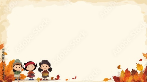 Greeting card template with autumn theme, children's illustrations, with copy space for text. 
