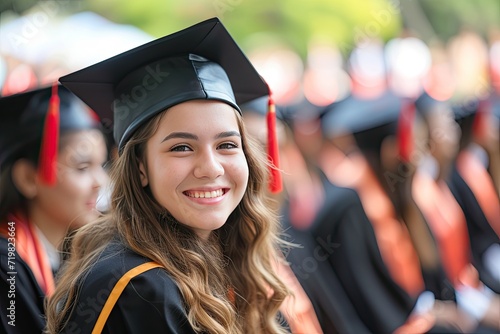A photo of a young female graduate in cap and gown, beaming with pride, foreground focus