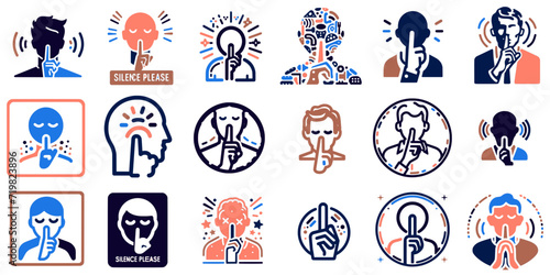 Minimalist Quiet Signs Icons and Pictograms Vector Set, Shut Silence Please Graphics