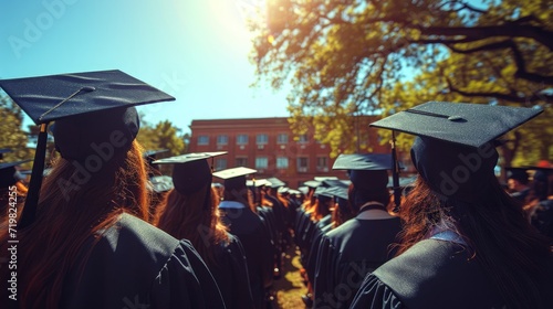 backside view of graduates in caps and gowns during a commencement ceremony at a university, caps being thrown in the air in celebration