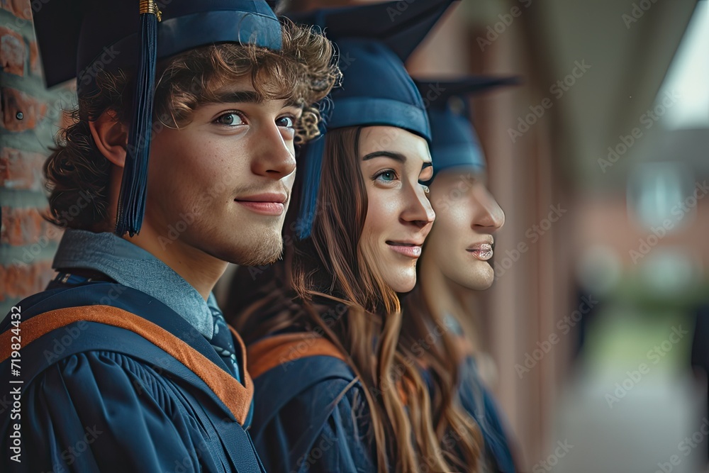 Obraz premium Graduates standing back-to-back, caps on their heads, looking towards a university building, 