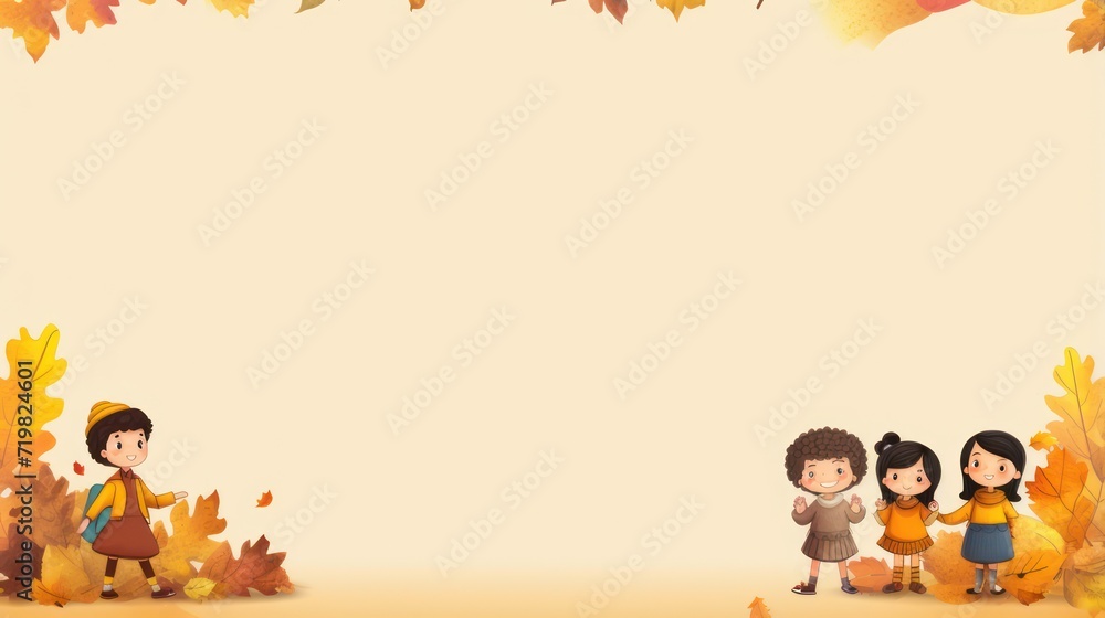 Fototapeta premium Greeting card template with autumn theme, children's illustrations, with copy space for text. 