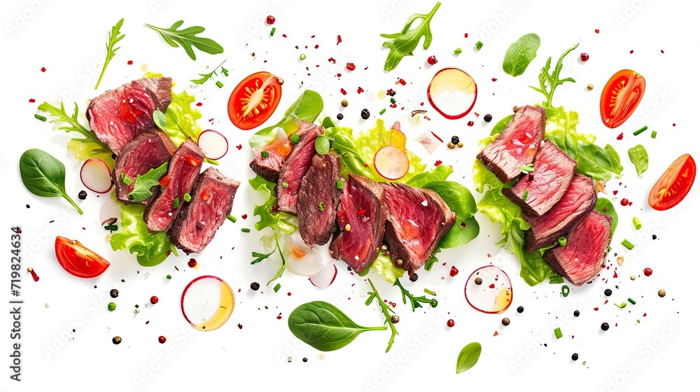 Falling steak salad ingredients, sliced beefsteak isolated on a white background. - obrazy, fototapety, plakaty 