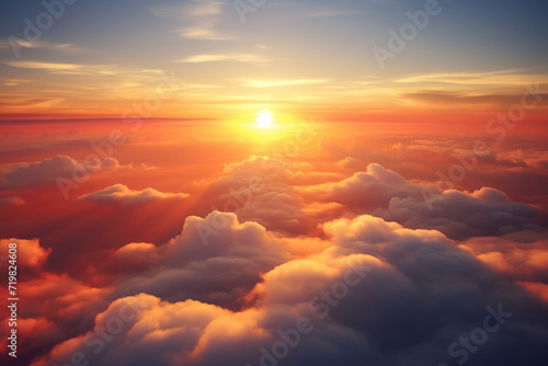 A close-up view about sea of clouds, shot from above, with sunrise and encouraging people feel uplifted atmosphere...