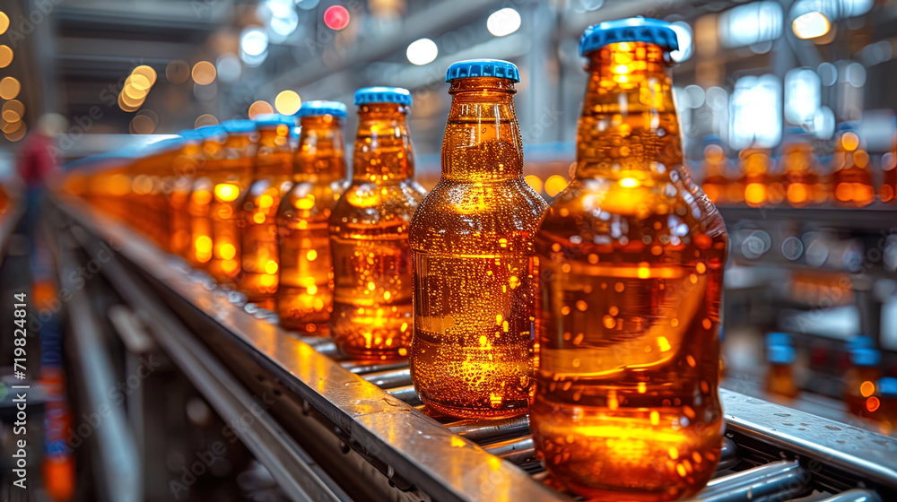 A production line at a plant with a conveyor tape, along which glass bottles with various drinks are moved, including bee A production line at a plant with a conveyor tape, along which glass bottles with various drinks are moved, including bee