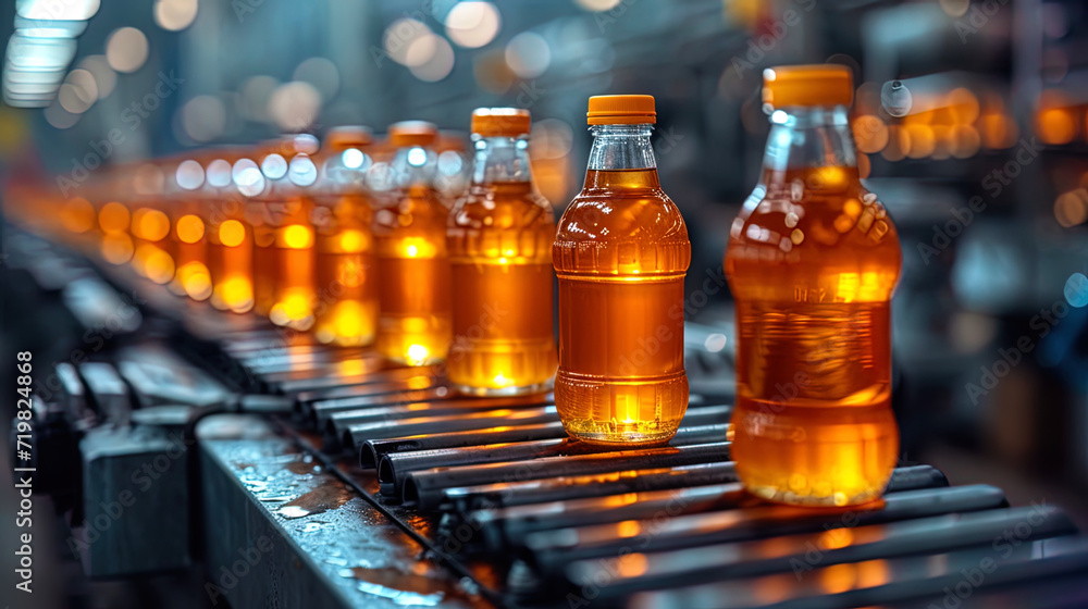 A production line with a conveyor tape, on which glass bottles with juice are located, inside the drink for the production of dri A production line with a conveyor tape, on which glass bottles with juice are located, inside the drink for the production of dri