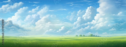 Beautiful landscape with blue sky illustration, Anime style Blue sky with clouds landscape background, Heavens with bright weather, summer season outdoor photo