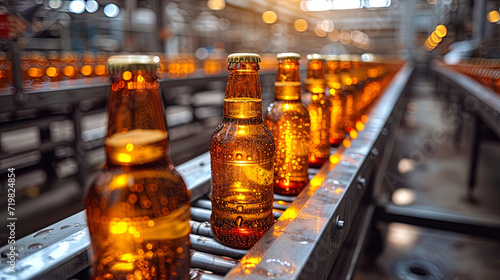 A production line with a conveyor system  where glass bottles with beer and other drinks pass the stages of production at the fact
