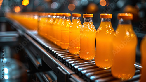 A production line with a conveyor tape, on which glass bottles with juice are located, inside the drink for the production of drin photo