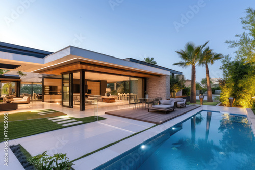 Modern villa with an open floor plan and a separate wing for the bedrooms is a design home. Large patio with pool and seclusion from the home © Kien