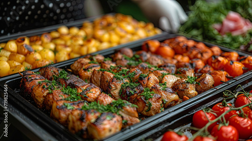 Catering in the restaurant provides a buffet with grilled meat for a buffet at festive even