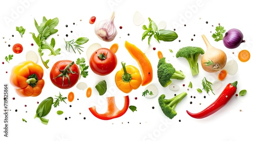 Vegetables flying isolated on a white background.