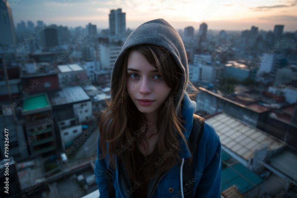 An overhead and close-up shot about a teenage girl standing on a rooftop and looking at the camera, with a beautiful view of cityscape in sunrise...