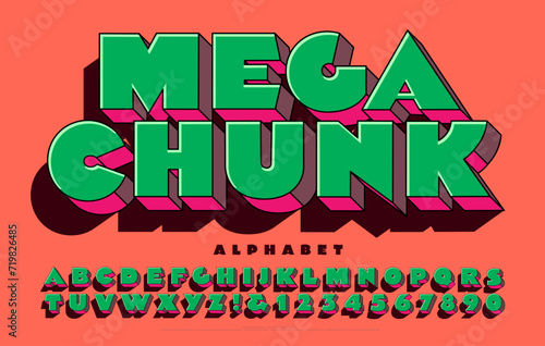 Mega Chunk; an ultra heavy and fat alphabet in brash colors with graphic 3d effects