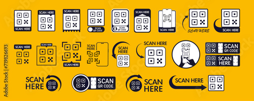 Set of QR code scan icon and sticker for mobile apps and payments. QR code scan for smartphone. Qr code for payment, mobile app and identification. Vector illustration.