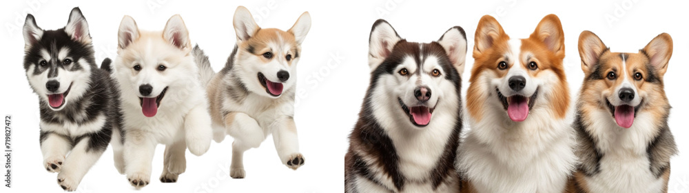 Puppy Siberian Husky samoyed and crogi dogs set in 3d without backoground png for decoration. Created using generative AI. Puppy Siberian Husky samoyed and crogi dogs set in 3d without backoground png for decoration. Created using generative AI.