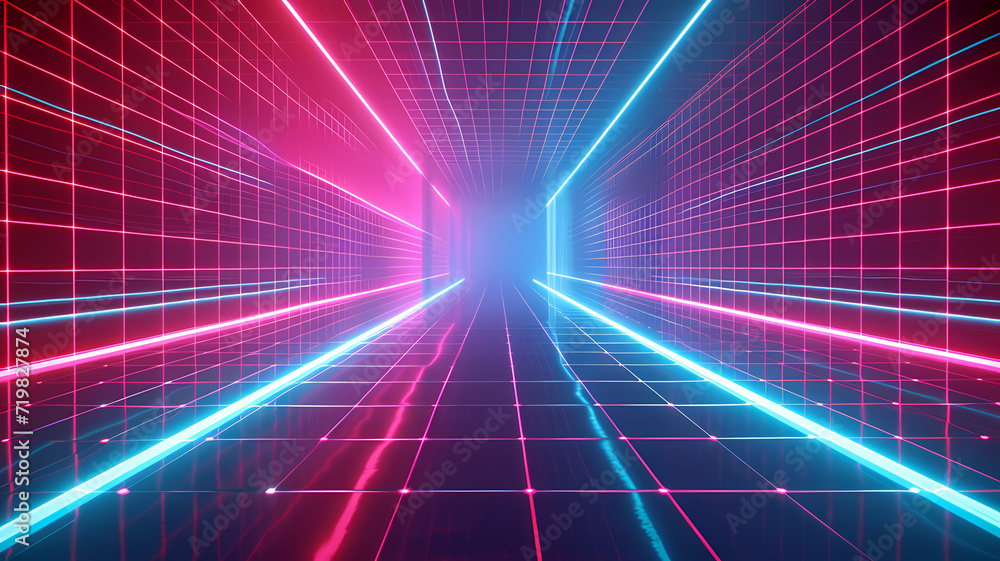 Neon Glow Grids Cyan Blue and Red Lights with Virtual Reality Concept Background Neon Glow Grids Cyan Blue and Red Lights with Virtual Reality Concept Background