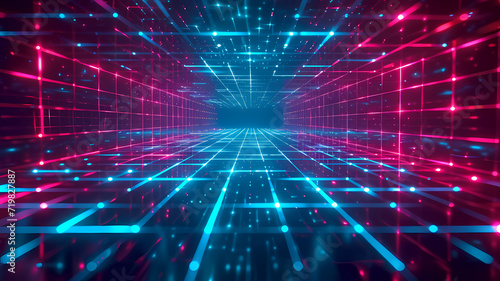 Neon Glow Grids Cyan Blue and Red Lights with Virtual Reality Concept Background