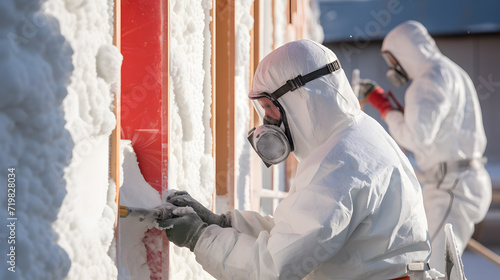 Man worker spraying polyurethane foam inside of future cottage. Neural network AI generated art