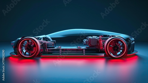 Futuristic electric sport fast car chassis and battery packs with high performance or future EV.