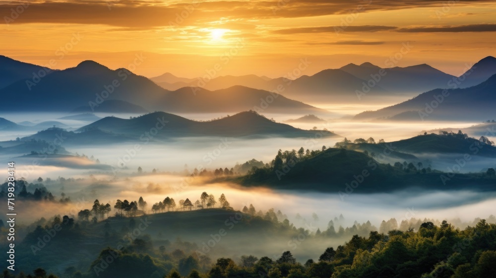 As the sun rises, the morning fog dissipates, revealing a serene and peaceful mountain landscape.