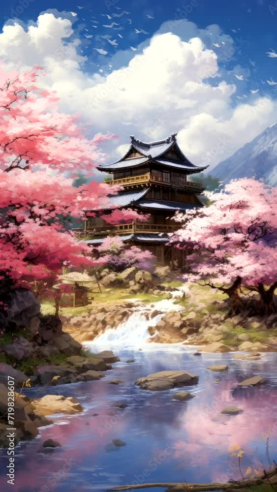 Mountain Blooms: Houses Amidst Cherry Blossoms by the Riverside Mountain Blooms: Houses Amidst Cherry Blossoms by the Riverside