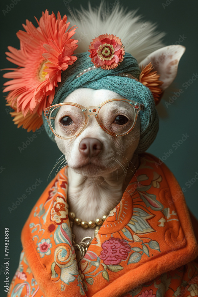 Retrato de perro Bull Terrier vestido con un traje alegre y floreado y lleva gafas ı Generado con IA