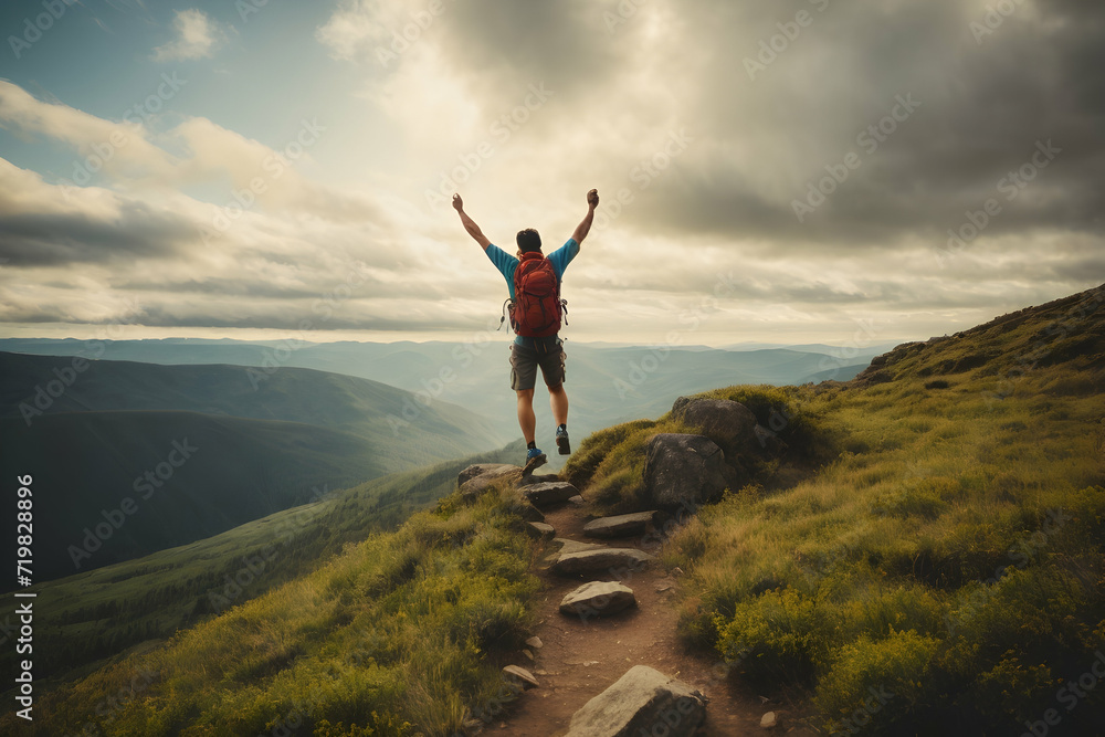 Hiker with raised hands standing on top of a mountain and enjoying the view.nature,climate. Hiker with raised hands standing on top of a mountain and enjoying the view.nature,climate.
