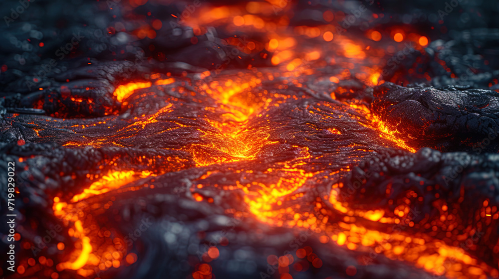 Hot flows of lava, creating bright spots and contrasts in their p - obrazy, fototapety, plakaty 
