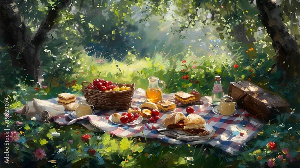 Fototapeta premium Picnic in the Park: A charming painting of a summer picnic with a checkered blanket, delicious treats, and a backdrop of greenery.