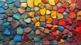 Handmade mosaic tiles with bright colors and irregular shapes, creating a unique and non standard appeara