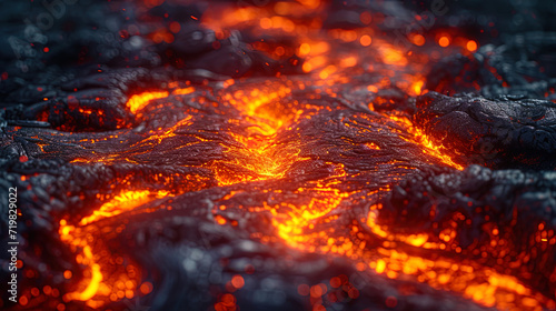 Hot flows of lava, creating bright spots and contrasts in their p