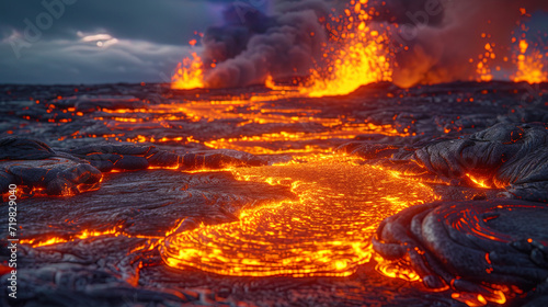 Hot flows of lava, creating bright spots and contrasts in their p photo