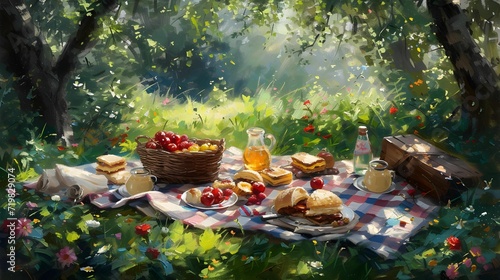 Picnic in the Park: A charming painting of a summer picnic with a checkered blanket, delicious treats, and a backdrop of greenery.