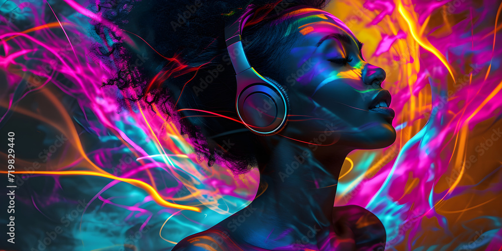 black woman wearing headphones, enjoying music flow, feeling emotions in vibrant colour vibes, colourful dynamic sound waves and abstract digital light effects covering her hair