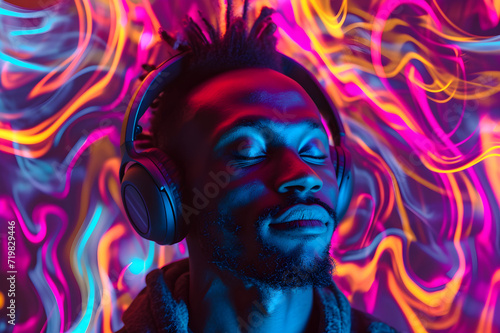 black man wearing headphones, enjoying music flow, feeling emotions in vibrant colour vibes, colourful dynamic sound waves and abstract digital light effects covering her hair