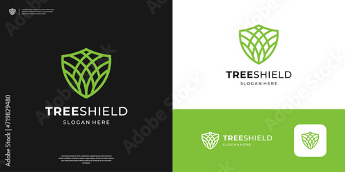 Abstract agricultural logo design template. Shield logo and plant with line art style. photo