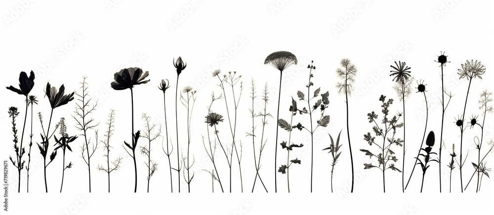 Black silhouettes of grass, flowers and herbs isolated on white background. - obrazy, fototapety, plakaty 