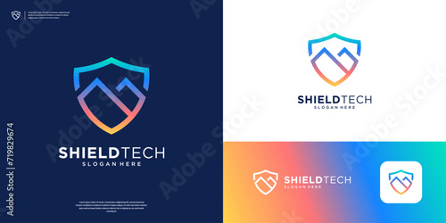 Colorful shield logo with mountain in modern line art.