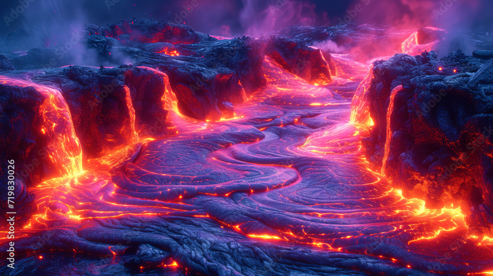 Fototapeta premium Lava flows with harmonious transitions from bright red to dark purp