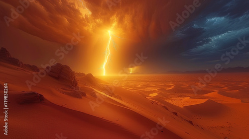 Lightning in the desert arrows of light piercing sand dunes, create the impression of mystery and imme