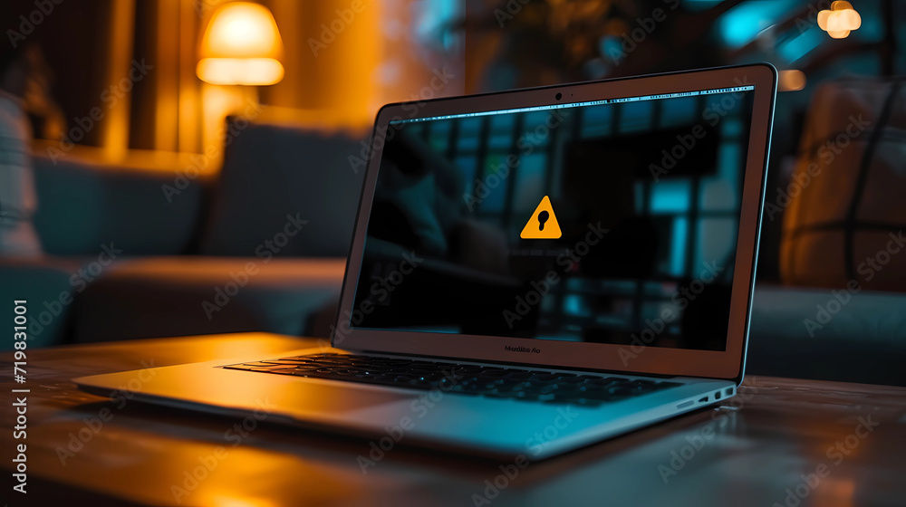 A laptop with a warning message about a phishing malware attack - obrazy, fototapety, plakaty 