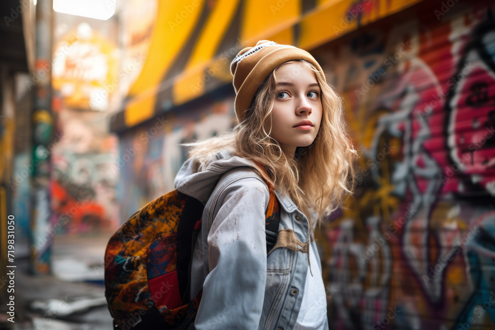 Naklejka premium An angled shot of a teenage girl exploring hidden alleys and discovering local street art. Use a mid-range perspective to emphasize her curiosity and the artistic details.